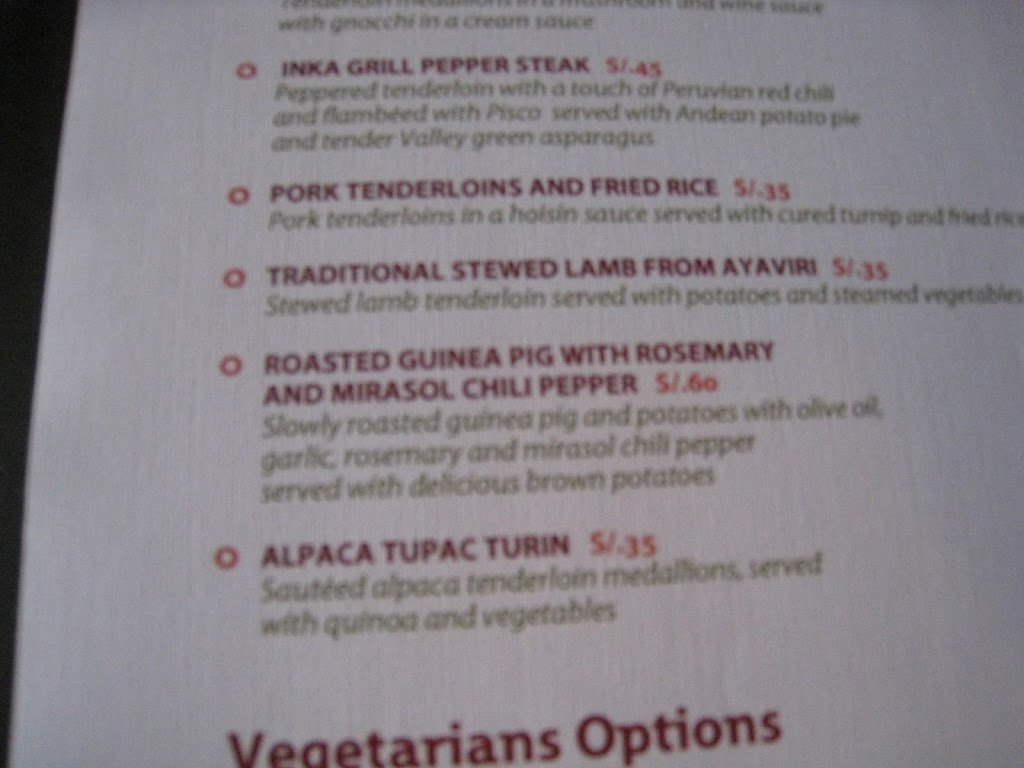 a menu of meat and vegetables