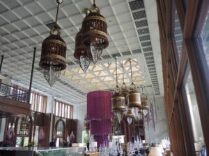 a group of chandeliers from the ceiling