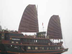 a large boat with sails