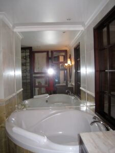 a bathroom with a large tub