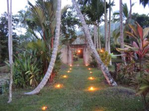 a path with lit candles in the middle of a tropical garden