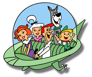 cartoon characters in a flying saucer