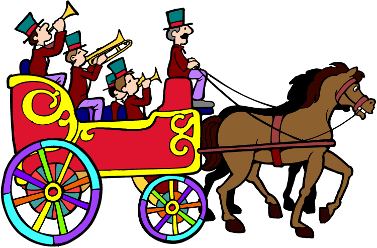 a cartoon of a horse carriage with people in it