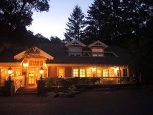 a house with lights on the front