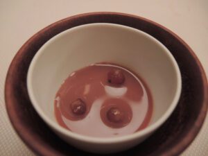 a bowl of liquid with two balls in it