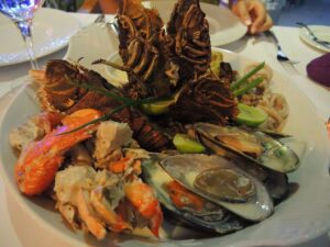 a plate of seafood on a table