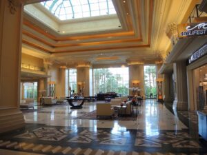 a large room with a large ceiling and a large skylight