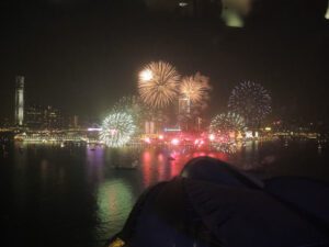 fireworks over a city at night