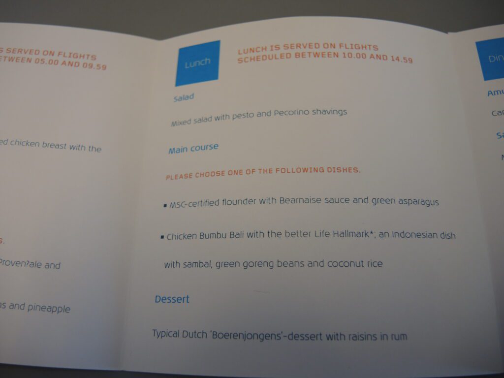 KLM Business Class menu