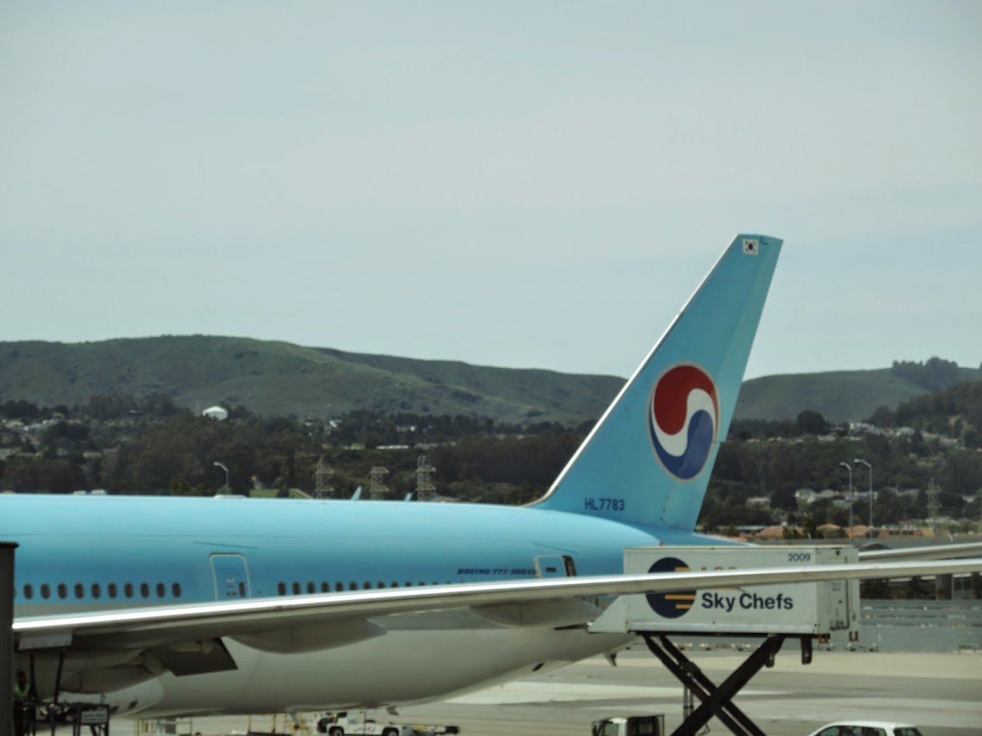 a blue airplane with a blue tail fin