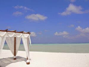 a white canopy on a beach