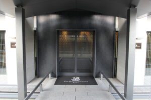 a building with a door and stairs