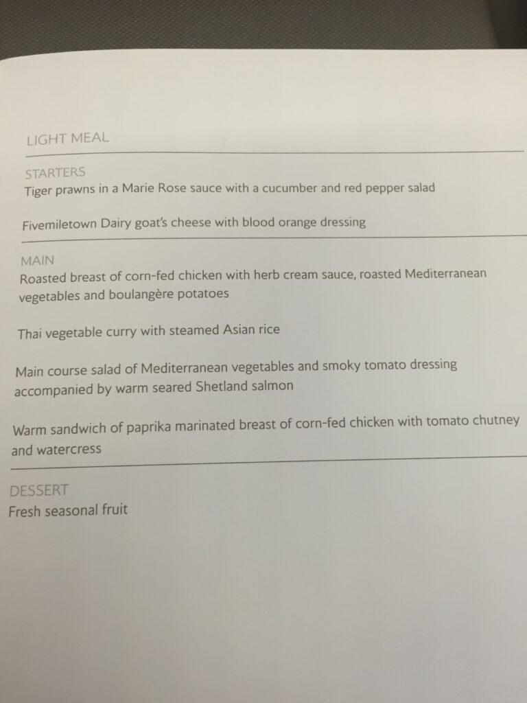 british airways business class lhr sfo a380 light meal menu