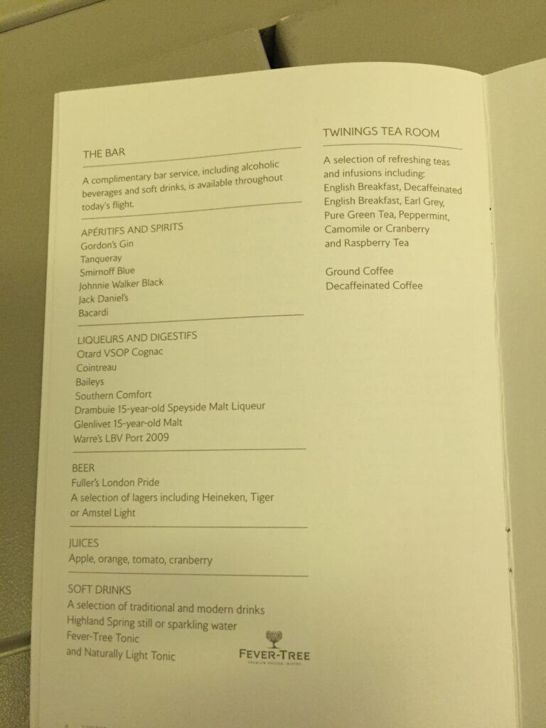 british airways business class sfo lhr bar menu