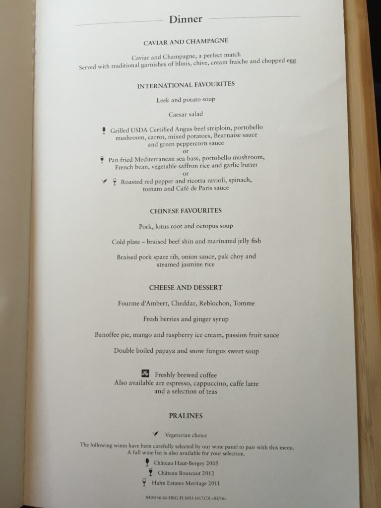 cathay pacific first class hong kong to new york dinner menu