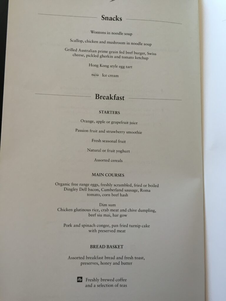 cathay pacific first class hong kong to new york snack breakfast menu